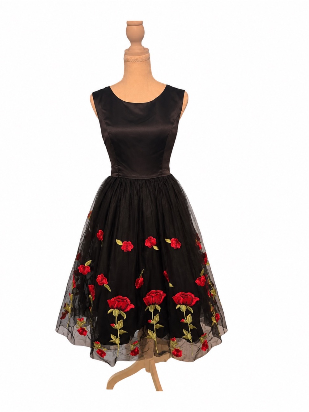 Romantic Goth Pinup Liza Luxe Black Rose Embroidered Mesh Fit Flare Dress L NWT